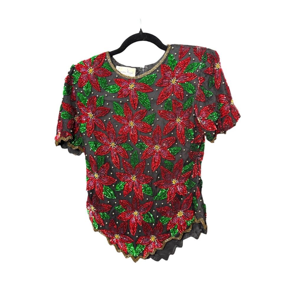 Laurence Kazar Vintage Silk Poinsettia Christmas Holiday Top Size Small
